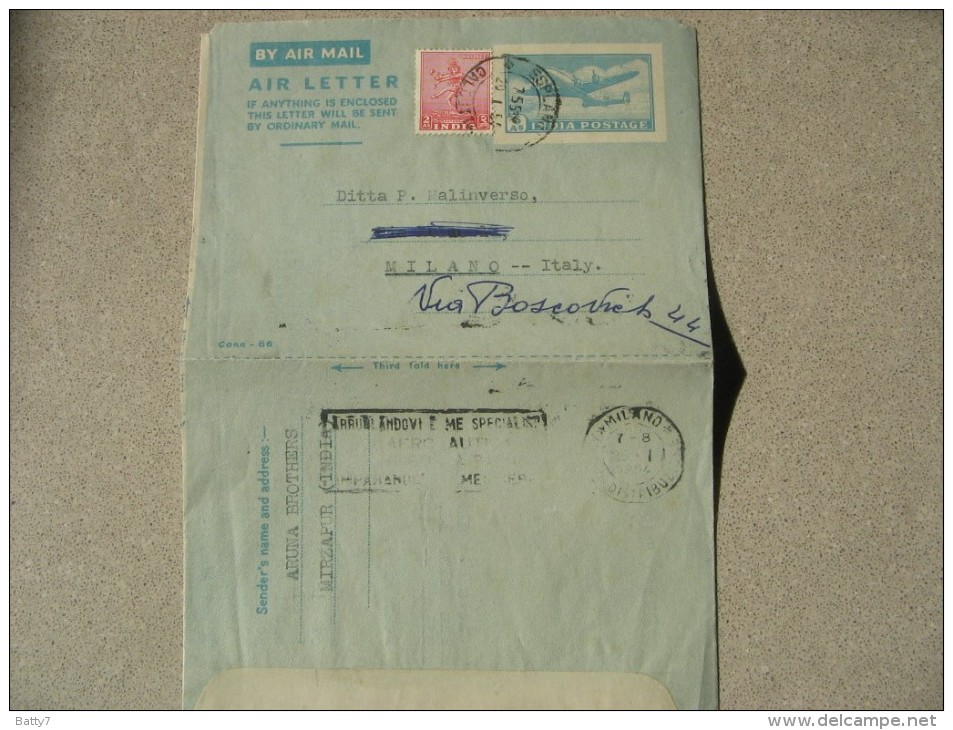 INDIA 1954 BY AIR MAIL AEROGRAMMA DA CALCUTTA A MILANO - Poste Aérienne