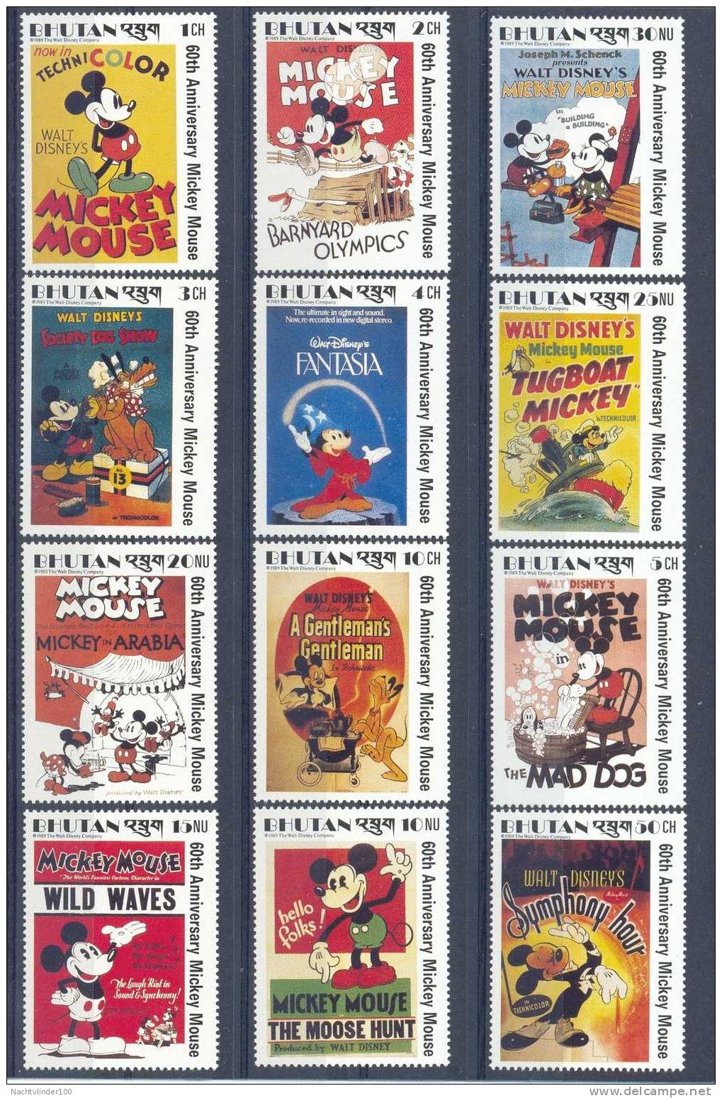 NapD797 WALT DISNEY MICKEY 60 JAAR MOVIEPOSTERS BHUTAN 1989 PF/MNH - Disney