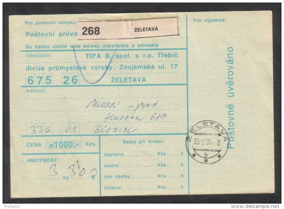 C01710 - Czech Rep. (1994) Zeletava / 336 01 Blovice (postal Parcel Dispatch Note) - Covers & Documents