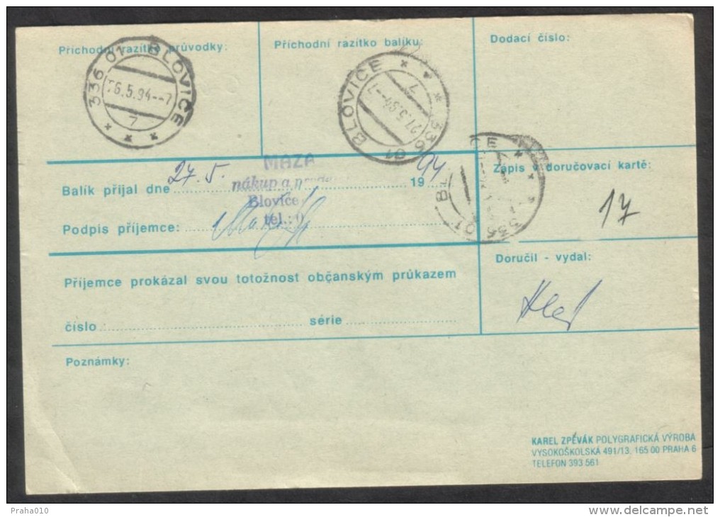 C01710 - Czech Rep. (1994) Zeletava / 336 01 Blovice (postal Parcel Dispatch Note) - Covers & Documents