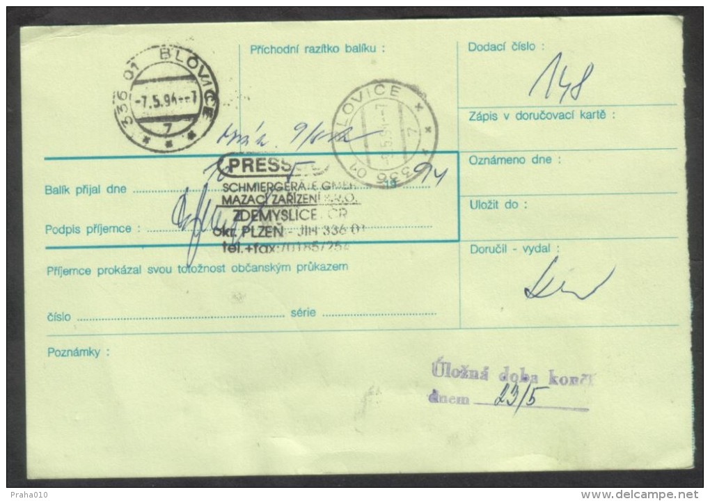 C01713 - Czech Rep. (1994) 262 41 Bohutin / 336 01 Blovice (postal Parcel Dispatch Note) - Covers & Documents