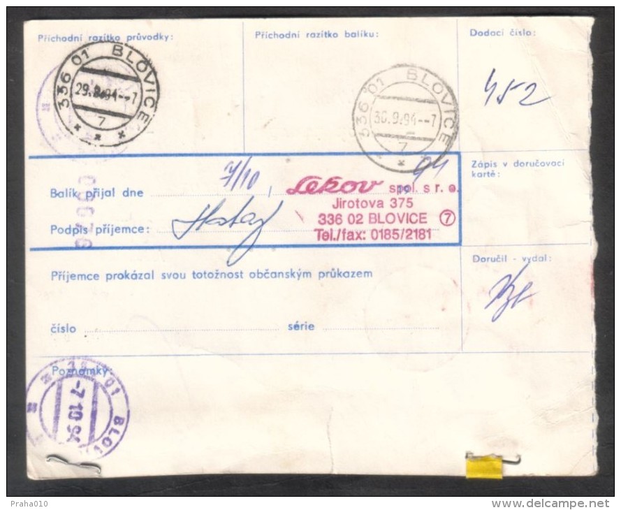 C01714 - Czech Rep. (1994) 267 53 Zebrak / 336 01 Blovice (postal Parcel Dispatch Note) - Covers & Documents