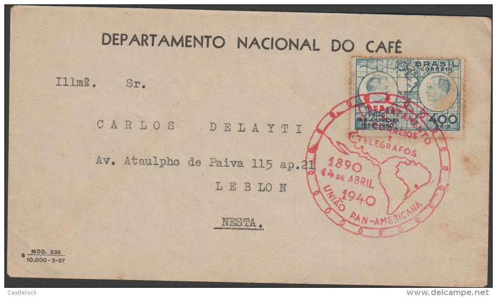 O) 1940 BRAZIL, TELEGRAPH DEPT,MAP, COVER TO LEBLON-RION DE JANEIRO, XF - Luchtpost