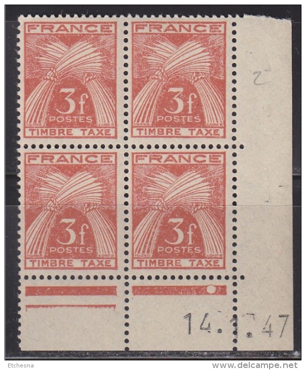 = Coin Daté 4 Timbres "Timbre Taxe" 3f N°83 Neuf 14.1.47 Type Gerbe De Blé - Strafport