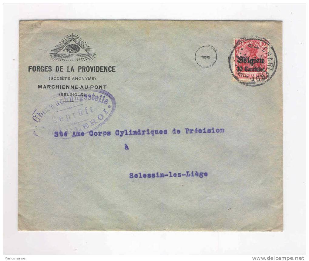 080/15 - BELGIQUE Francs Maçons - Lettre Censurée TP Germania CHARLEROI 1914/18 -  Forges De La Providence - Freimaurerei