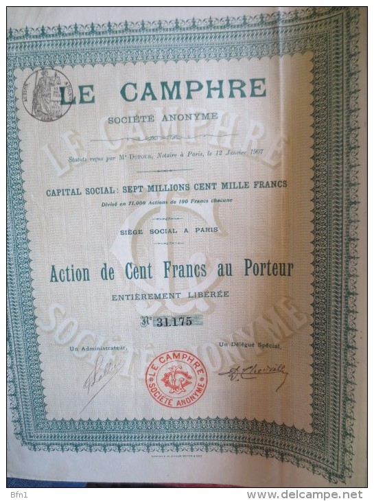LOT 3 ACTIONS1907-  LE CAMPHRE  - CENT FRANCS - COMPLET AVEC COUPONS - Profumi & Bellezza