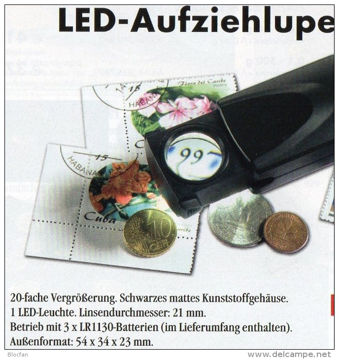 Lupe 20x Vergrößerung LED-Licht Aufzieh-Lupen Neu 10&euro; Prüfen Von Briefmarken Münzen Paper Money LEUCHTTURM In Black - Pinces, Loupes Et Microscopes