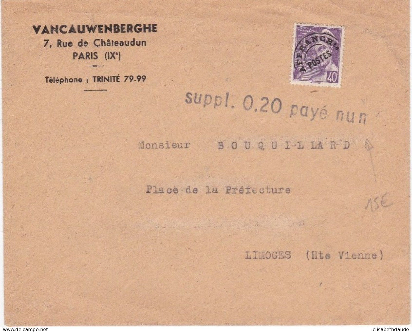 MERCURE - ENVELOPPE Avec PREOBLITERE + ANNOTATION "SUPPLEMENT 0.2 PAYE EN NUMERAIRE" De PARIS Pour LIMOGES - 1938-42 Mercurius