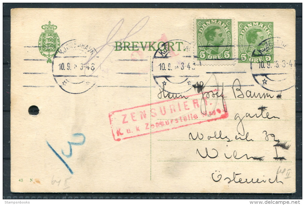 1918 Denmark Copenhagen Uprated Stationery Censor - Wien Austria / K.u.K. Zensuriert Brevkort - Covers & Documents