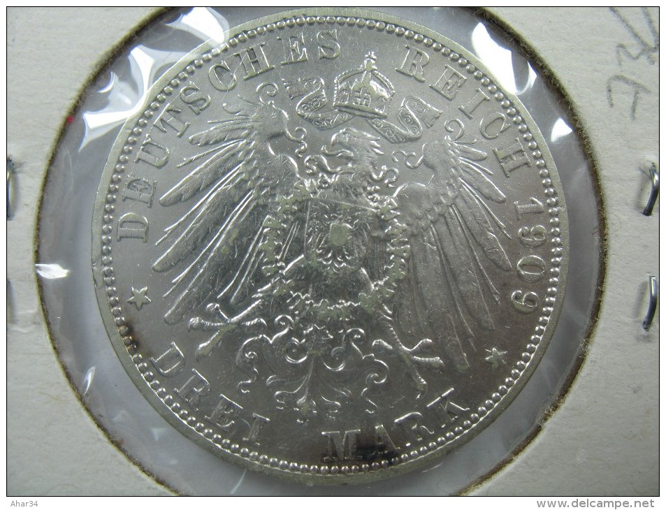 GERMANY PREUSSEN PRUSSIA 3 DREI MARK 1909  A  GRADE CHOICE AU SILVER - Autres & Non Classés