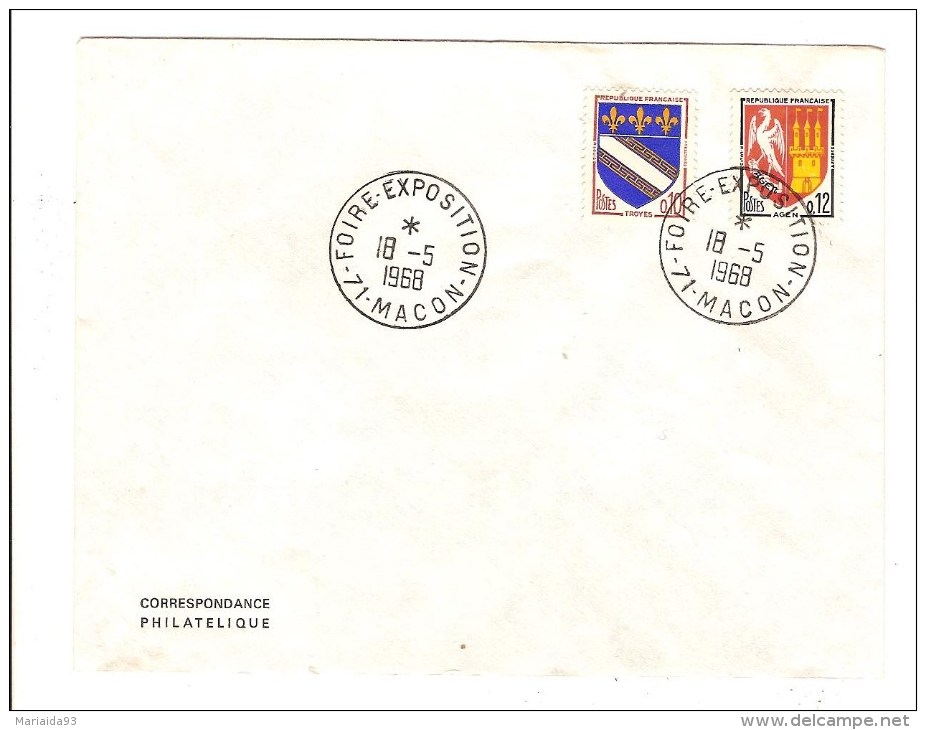 FRANCE - TIMBRES BLASON AGEN ET TROYES SUR ENVELOPPE AVEC CACHET FOIRE EXPOSITION MACON 1968 - Commemorative Postmarks