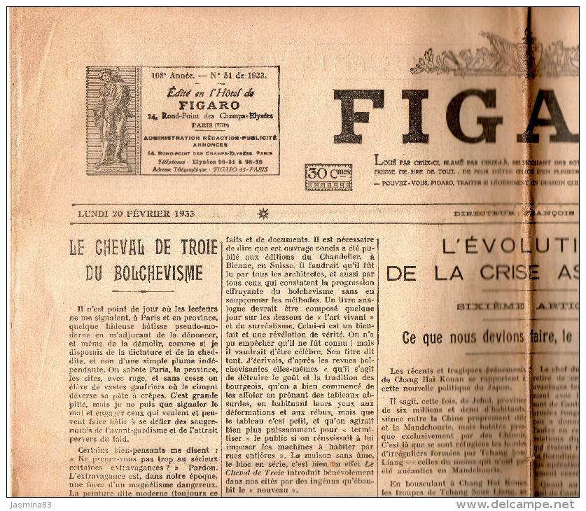 Le Figaro Du  Lundi 20 Fevrier   1933 - Informations Générales