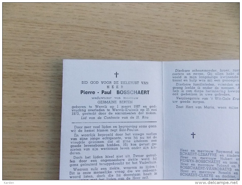 Doodsprentje Pierre Paul Bosschaert Wervik 1/3/1907 - 25/5/1973 ( Germaine Berten ) - Religione & Esoterismo