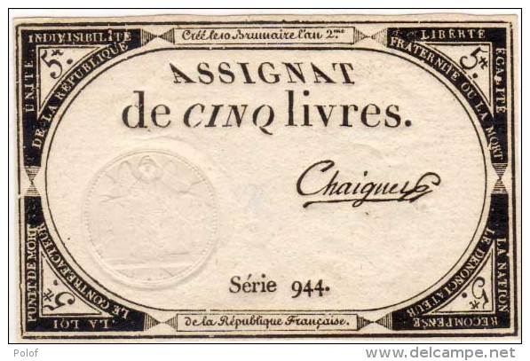 Assignat De Cinq Livres - Série 944 - Signature Rare - Crée Le 10 Brumaire L' An 2°  (65897) - Assignats