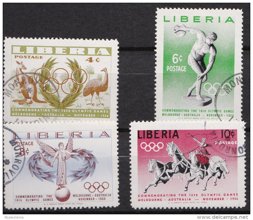 SP 034) Liberia MiNr 498-501 O: Olympia 1956: Känguru Emu, Diskuswerfer, Siegesengel, Quadriga Pferde - Altri & Non Classificati