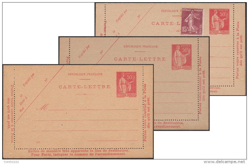 France 1933. 3 Cartes-lettres Type Paix, 50 C Y&T 283-CL1, ACEP PAI-B1, Couleurs Différentes. Cote 105 € (721, 324, 530) - Cartes-lettres