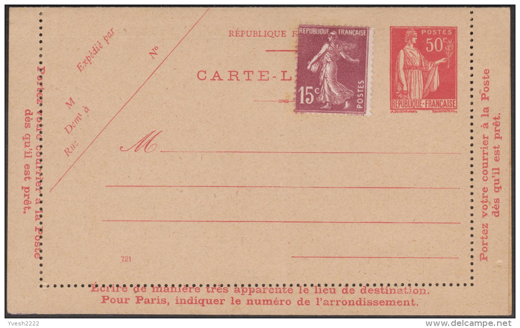 France 1933. 3 Cartes-lettres Type Paix, 50 C Y&T 283-CL1, ACEP PAI-B1, Couleurs Différentes. Cote 105 € (721, 324, 530) - Cartes-lettres
