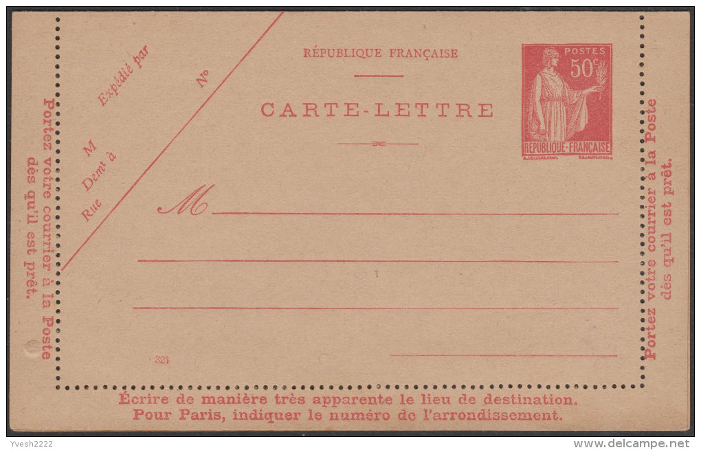 France 1933. 3 Cartes-lettres Type Paix, 50 C Y&T 283-CL1, ACEP PAI-B1, Couleurs Différentes. Cote 105 € (721, 324, 530) - Kaartbrieven