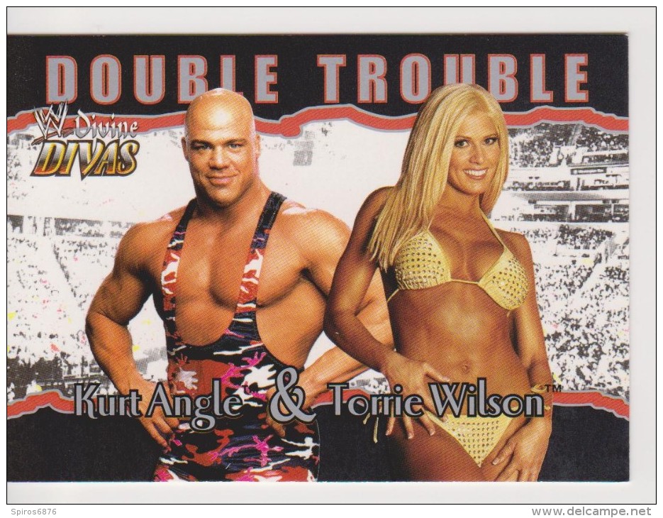 WWE 2003 Fleer Card TORRIE WILSON Sexy Bikini Wrestling Double Trouble Divine Divas Duo With KURT ANGLE - Trading Cards