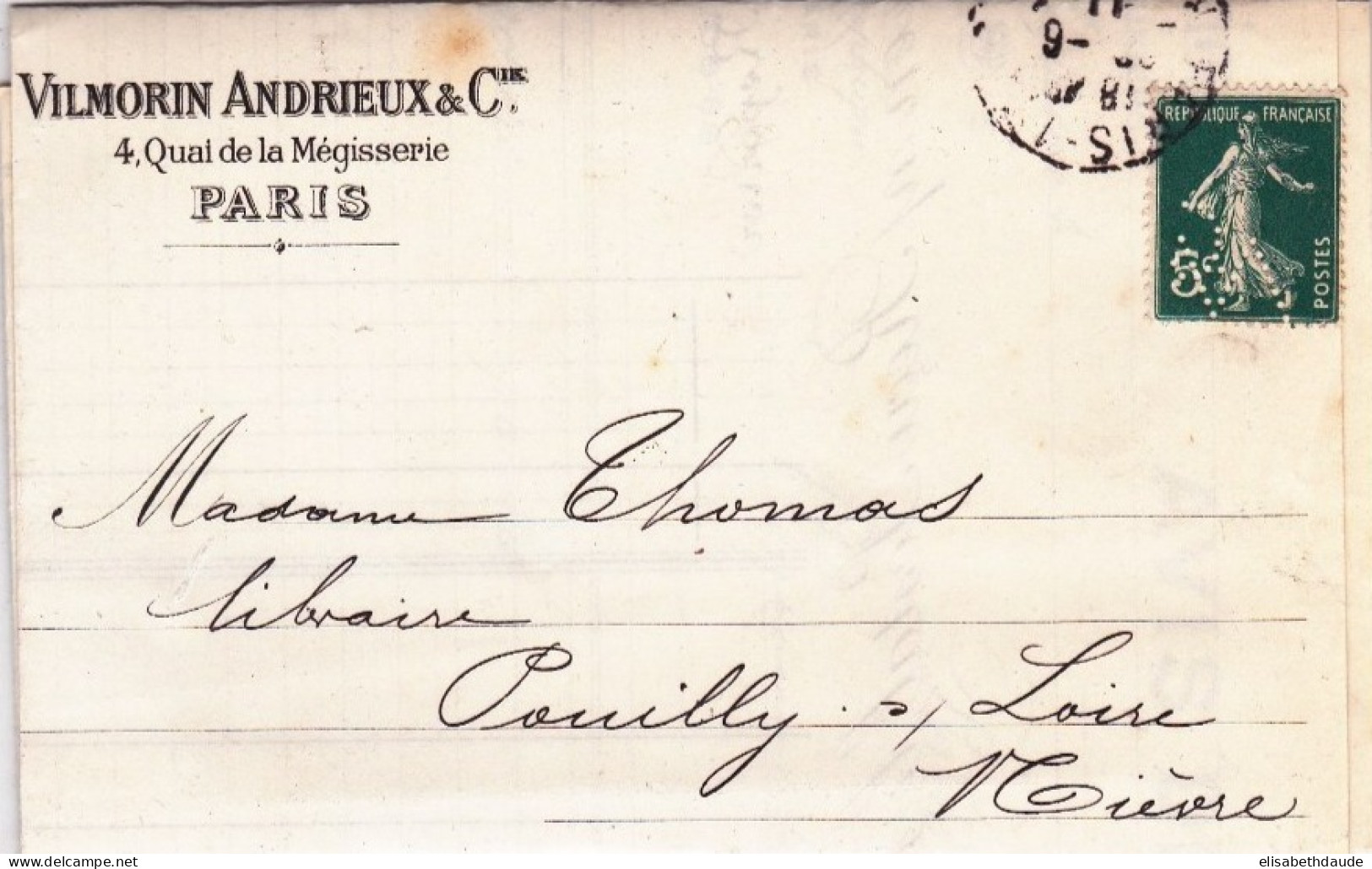 1911 - SEMEUSE PERFOREE De VILMORIN ANDRIEUX ET CIE Sur LETTRE De PARIS Pour POUILLY - Briefe U. Dokumente