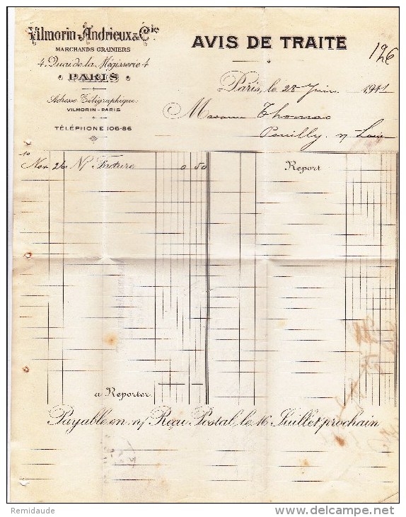 1911 - SEMEUSE PERFOREE De VILMORIN ANDRIEUX ET CIE Sur LETTRE De PARIS Pour POUILLY - Lettres & Documents