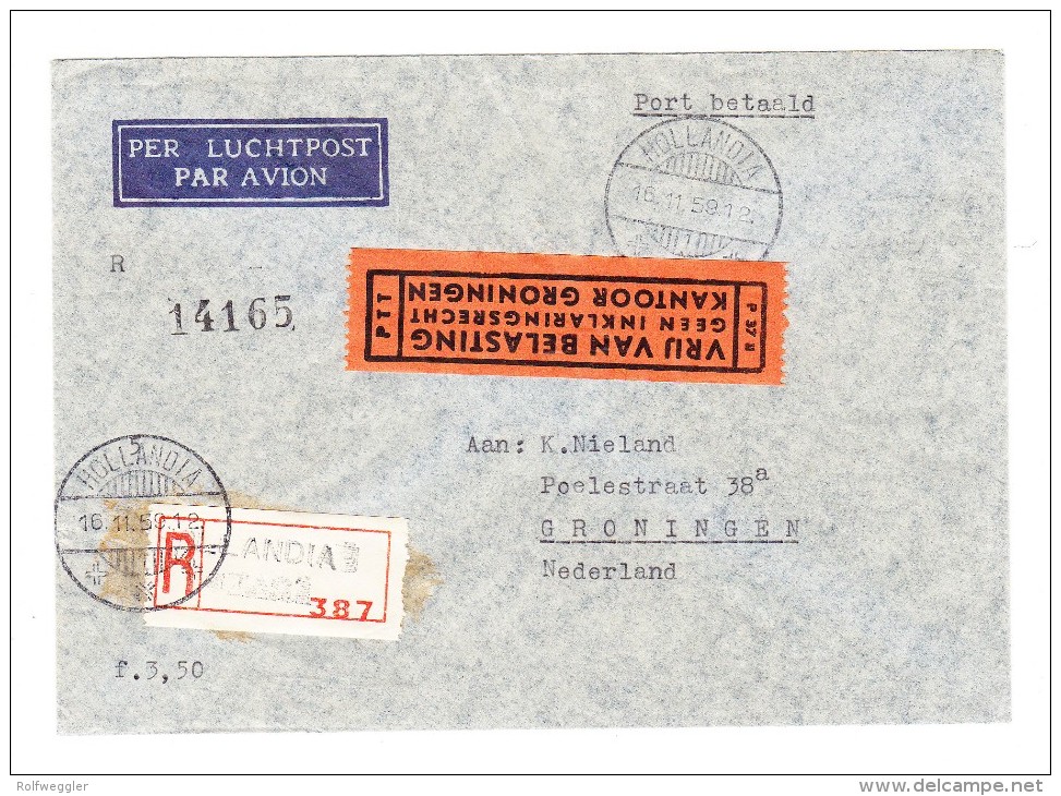 1959 Unfrank. R-Brief Von Hollandia 16.11.59  In Die NL Gesendet - Nueva Guinea Holandesa