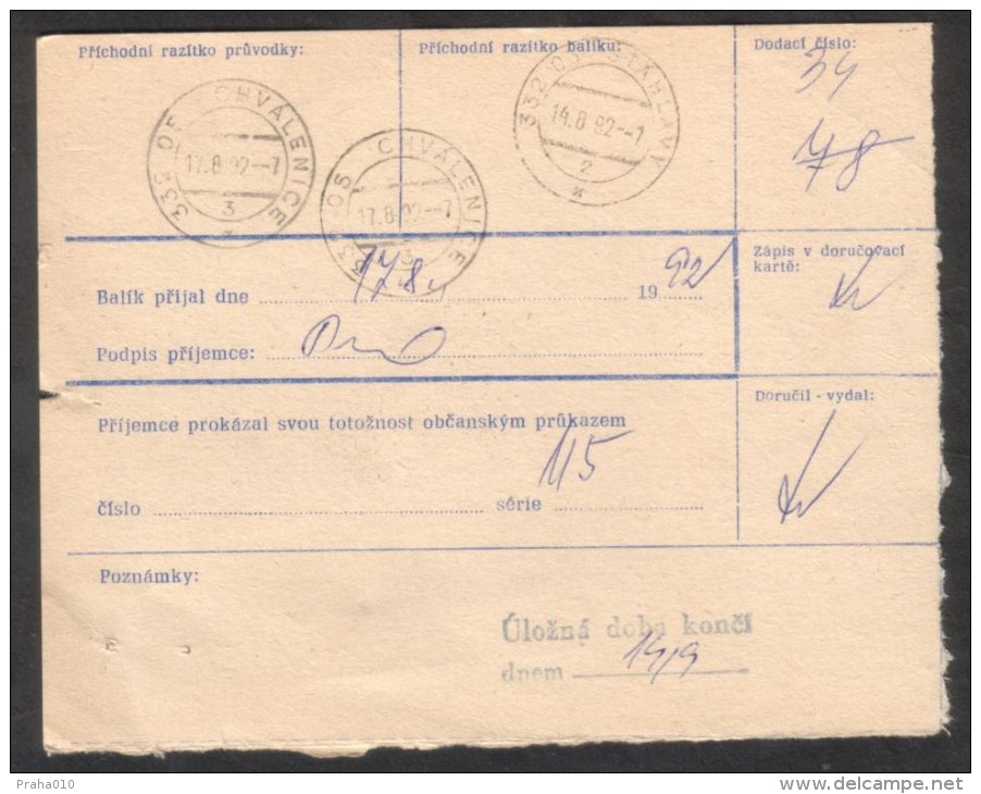 C01767 - Czechoslovakia (1992) 691 45 Podivin / 332 05 Chvalenice - WWF Stamp (postal Parcel Dispatch Note) - Brieven En Documenten