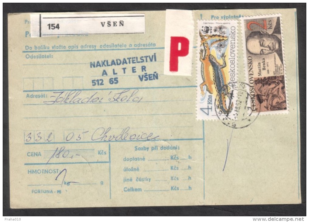 C01768 - Czechoslovakia (1992) 512 65 Vsen / 332 05 Chvalenice - WWF Stamp (postal Parcel Dispatch Note) - Lettres & Documents