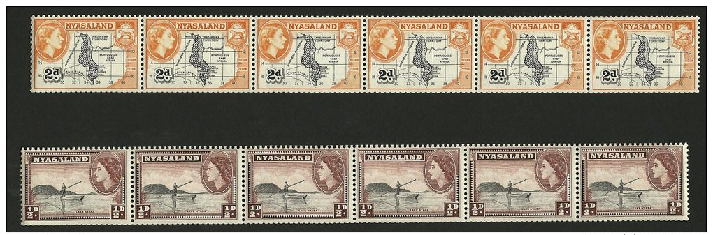 (4697) -  Nyasaland 1953/54 QE Def's  1/2d A. 2d Coil Stamps In Strips Of 5 - Nyassaland (1907-1953)