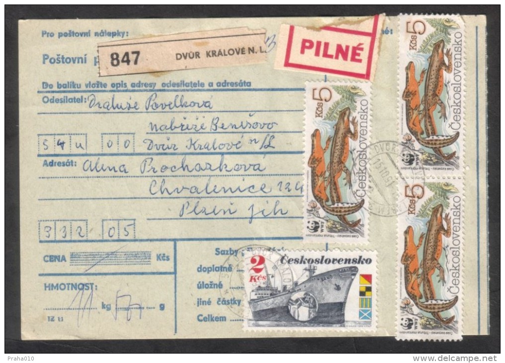 C01771 - Czechoslovakia (1991) 544 02 Dvur Kralove N. L. 3 / 332 05 Chvalenice - WWF Stamp (postal Parcel Dispatch Note) - Brieven En Documenten