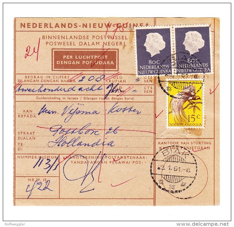 1954  - Mi 35 + 28 Auf LP-Postanweisung Ab "Biak 28.1.61 Nach Hollandia Mit AK-Stempel - Netherlands New Guinea