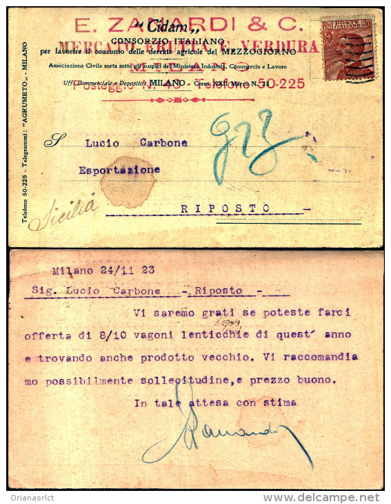 309)cartolina Postale E.ZANARDI E C.  DA MILANO A Riposto  Viaggiata 30CENT. - Storia Postale