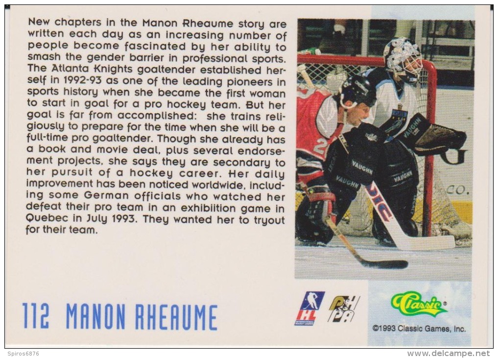 1993 Classic Hockey Draft #112 Card MANON RHEAUME CANADA Women ICE HOCKEY - Tarjetas