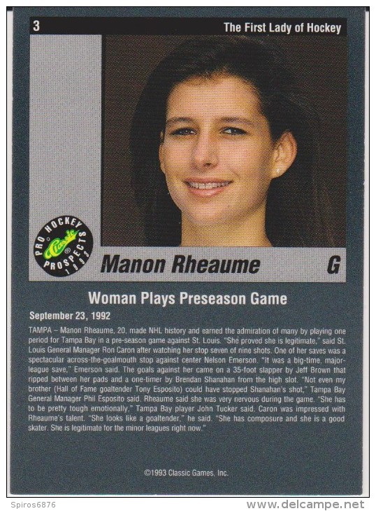 1993 Classic Pro Hockey Prospects  #3 Card MANON RHEAUME CANADA Women ICE HOCKEY - Trading Cards