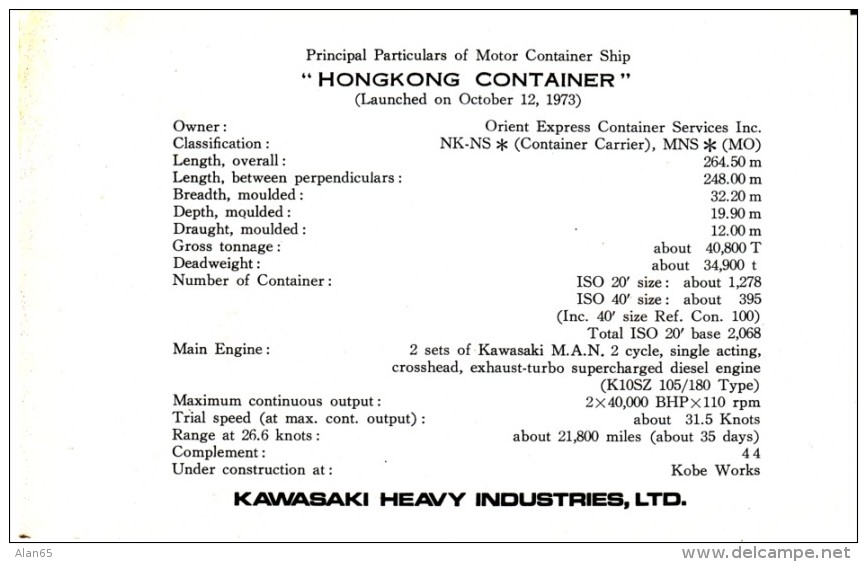 M.S. 'Hong Kong' Cargo Ship Launch Commemoration, Orient Express Built By Kawasaki, C1970s Vintage Booklet With Postcard - Cargos