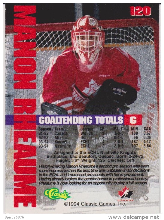 1994 Classic Pro Hockey  #120 Card MANON RHEAUME CANADA Women ICE HOCKEY - Tarjetas