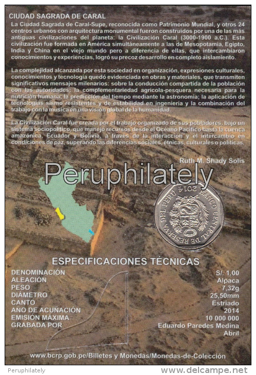 PERU 2014 , CIUDAD SAGRADA DE CARAL , 1 NUEVO SOL , COIN ON CARD , MINT - Pérou