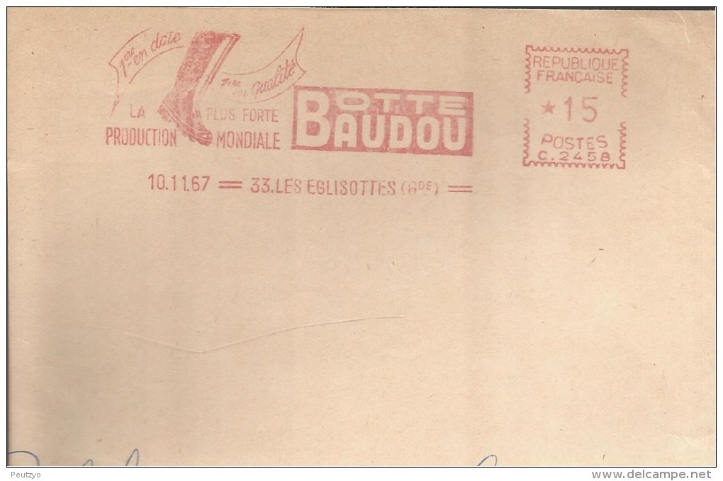 Lettre Flamme EMA  Caoutchouc  Botte  Baudou 1er Mondial Protection Chaussures  Usines Themes 33 Les Eglisottes  A20/29 - Usines & Industries