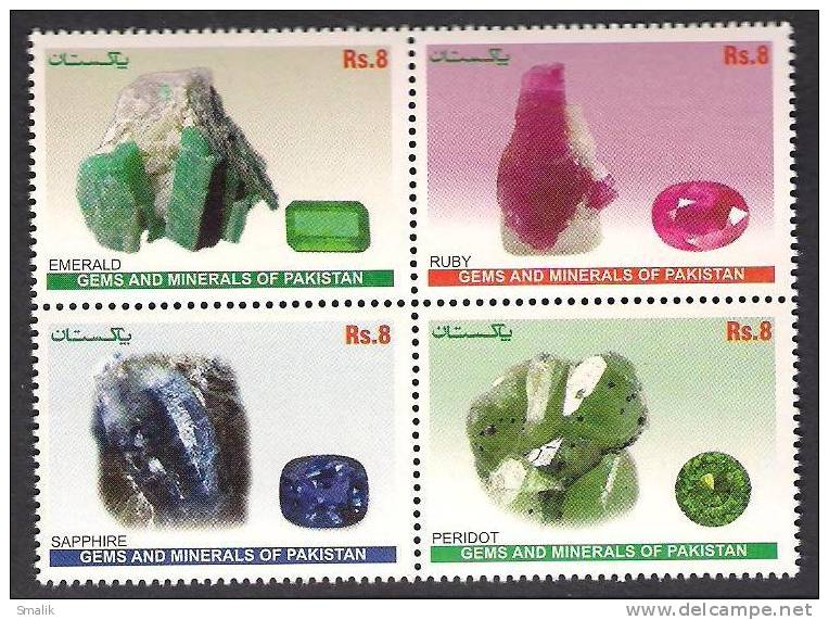 2012 Gems And Minerals Of Pakistan, Stone Ruby Sapphire Emerald Peridot, 4v Block MNH - Pakistan