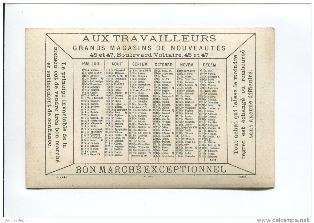 PARIS TRAVAILLEURS BD VOLTAIRE CHROMO LAAS CALENDRIER 1881  MONUMENT OPERA - Kleinformat : ...-1900