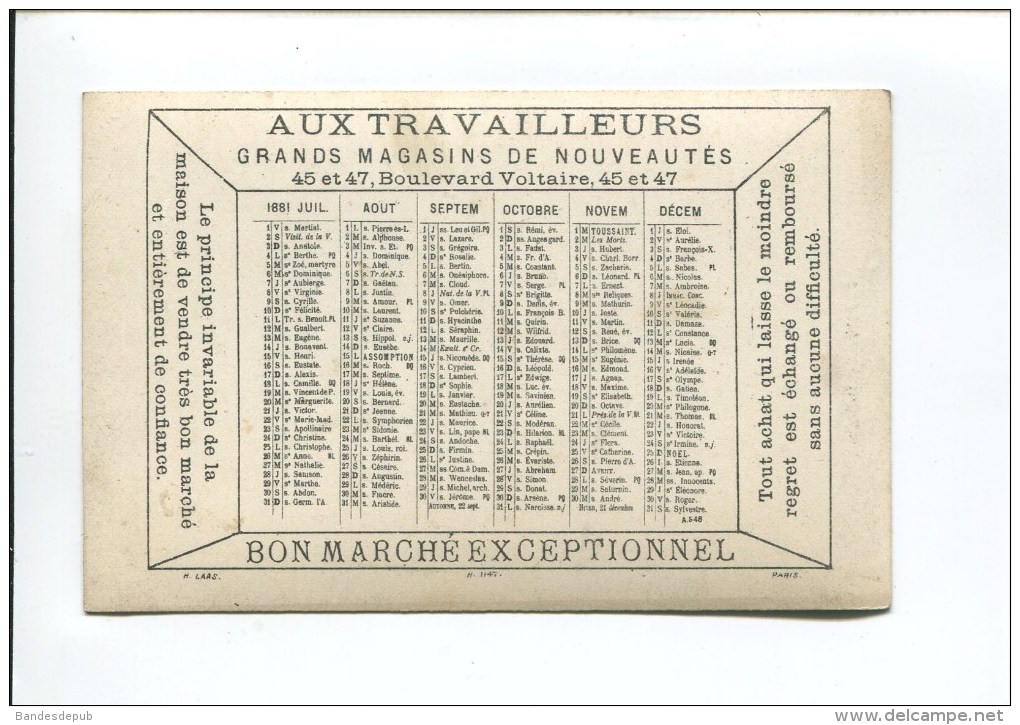 PARIS TRAVAILLEURS BD VOLTAIRE CHROMO LAAS CALENDRIER 1881  MONUMENT ARC TRIOMPHE ETOILE - Small : ...-1900