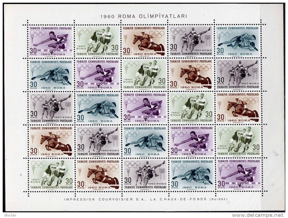 Sommer-Olympiade Rom 1960 Türkei 1769/3 KB ** 25€ Reiten Lauf Ringen Basketball Fußball Set Olympic Se-tenant Of Türkiye - Blocks & Kleinbögen