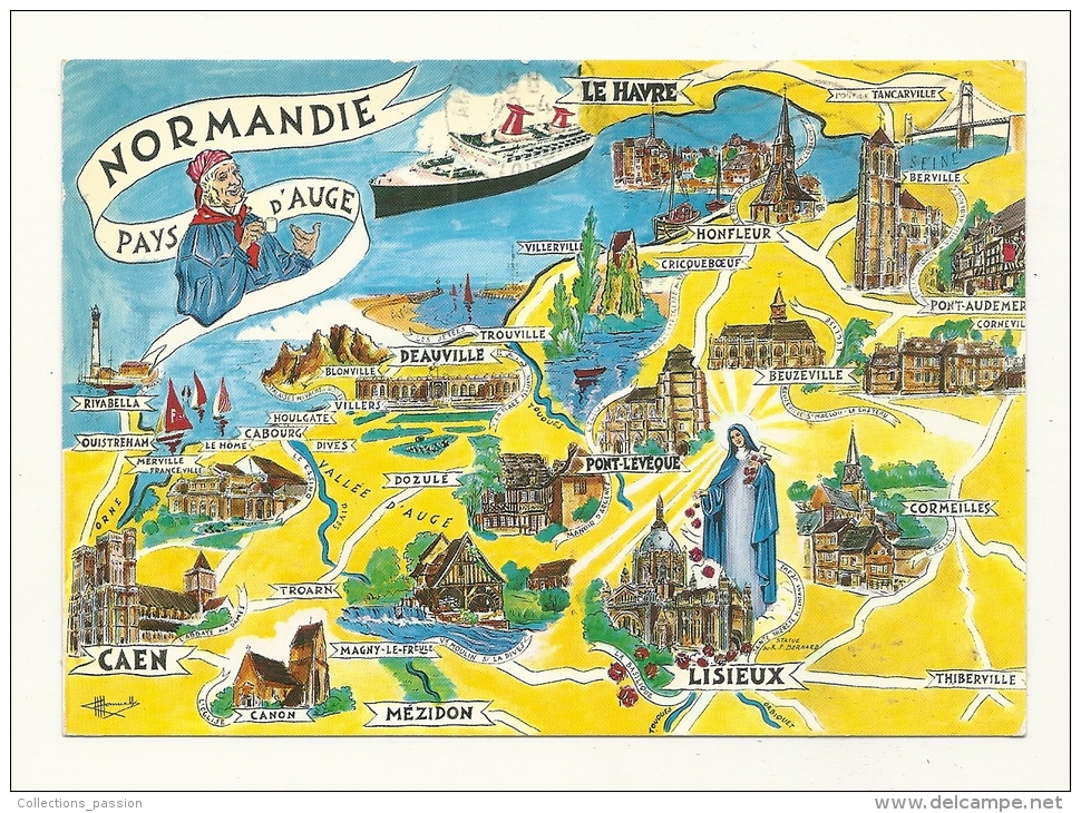 Cp, Carte Géographique, La Noramndie - Pays D´Auge, Voyagée 1991 - Landkarten