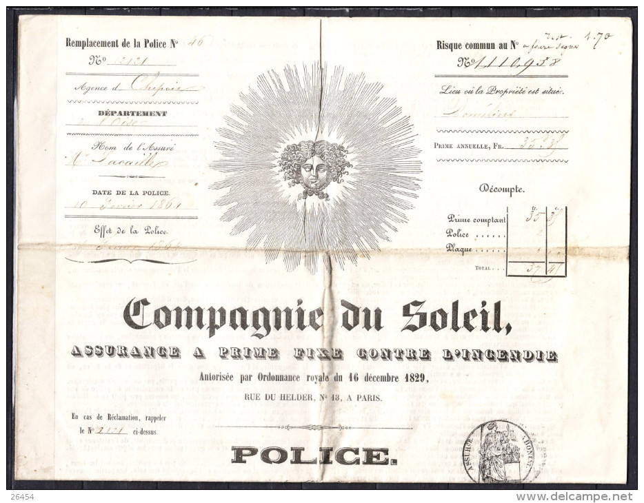 COMPAGNIE DU SOLEIL Assurance Contre L Incendie  A CHEPOIX Oise Pour Un Habitant De DOMELIERS Oise Le 10 Fev 1864 - Banque & Assurance