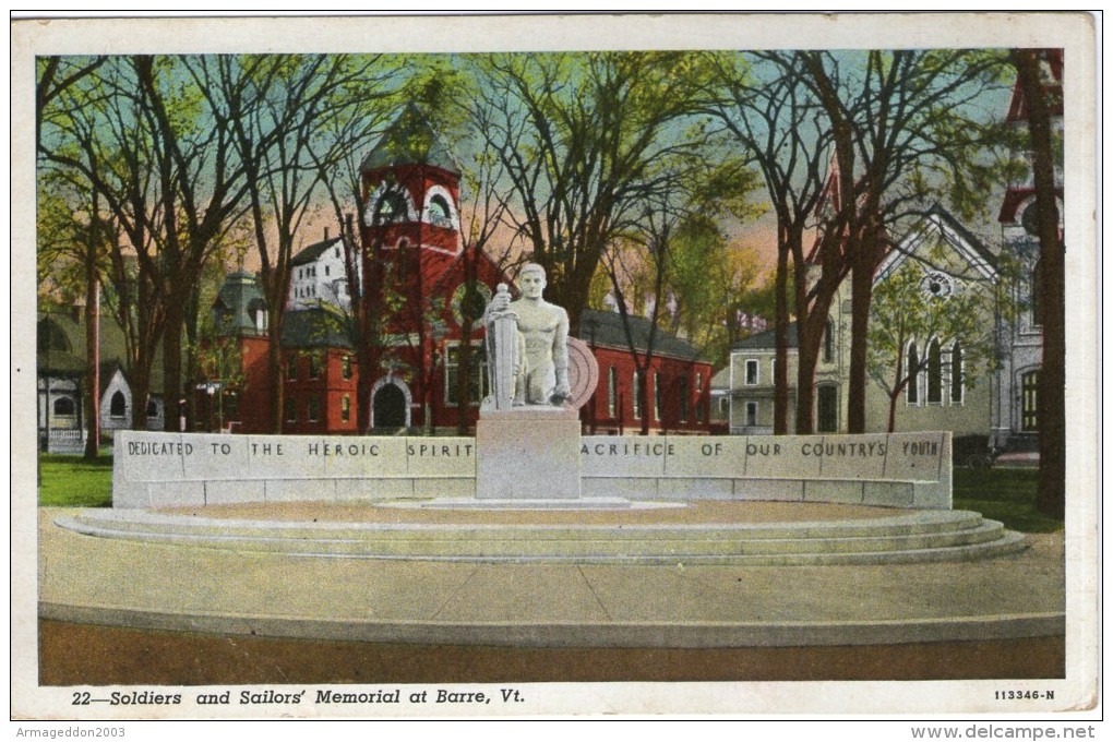Y13  / CPA POST CARD BARRE SOLDIERS AND SAILORS MEMORIAL AT BARRE VERMONT - Barre