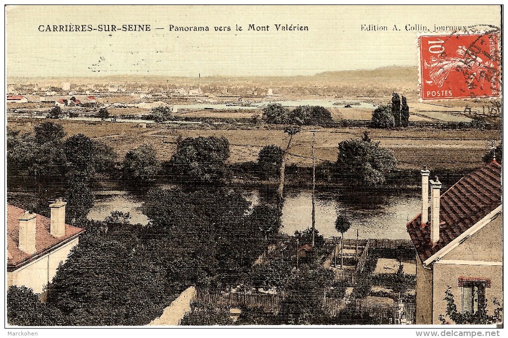 CARRIERES-SUR-SEINE (78) : Panorama Général Vers Le Mont Valérien. CPA Toilée Et Colorisée Très Rare. - Carrières-sur-Seine