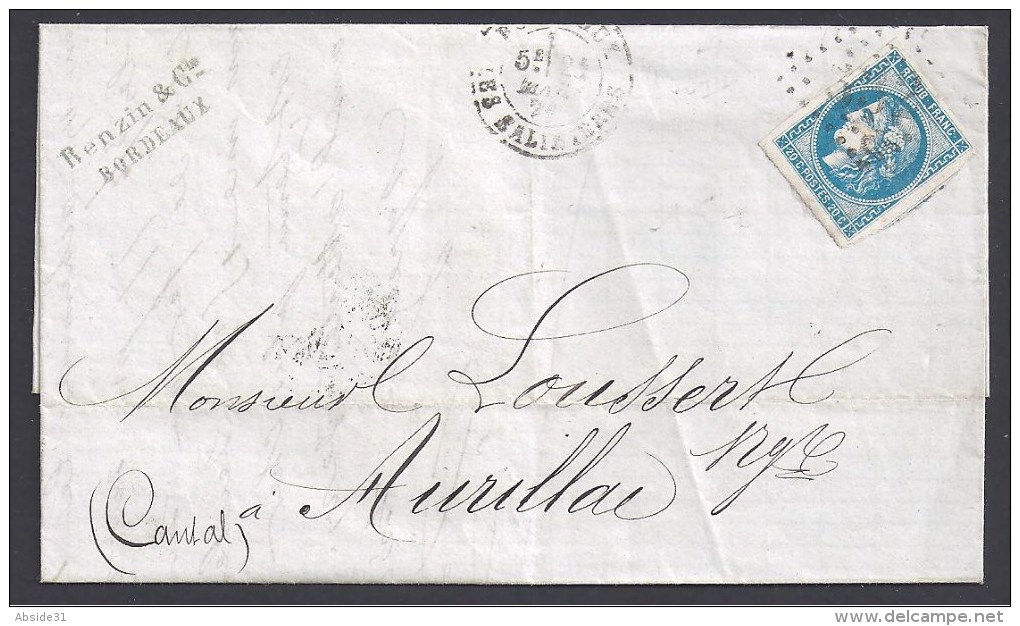 Lettre De Bordeaux  Affranchie Avec 20 C Bordeaux N°46 ( Belles Marges ) - 1849-1876: Période Classique