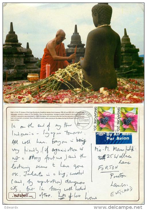 Borobudur Temple, Indonesia Postcard Posted 1986 Singapore Stamp - Indonesia