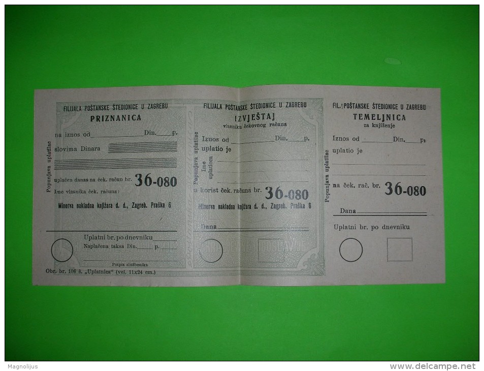 R!,History Document,Yugoslavia,Postal Savings Bank Zagreb,cheque,bill Of Exchange,bank Draft,vintage - Chèques & Chèques De Voyage
