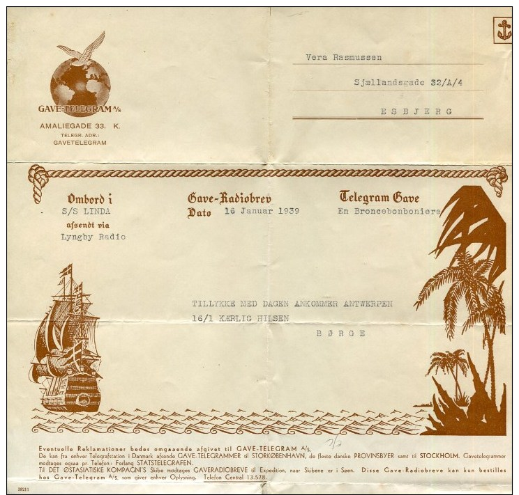 Sweden, Schweden, Telegramm  On Board S/s Linda Via Lyngby Radio, 1939, Ancient Sailing Ship - Covers & Documents